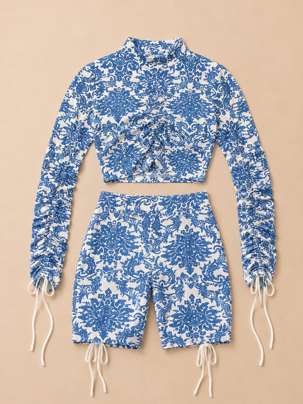 Blue & White Floral Ruched Crop Top and Shorts Set